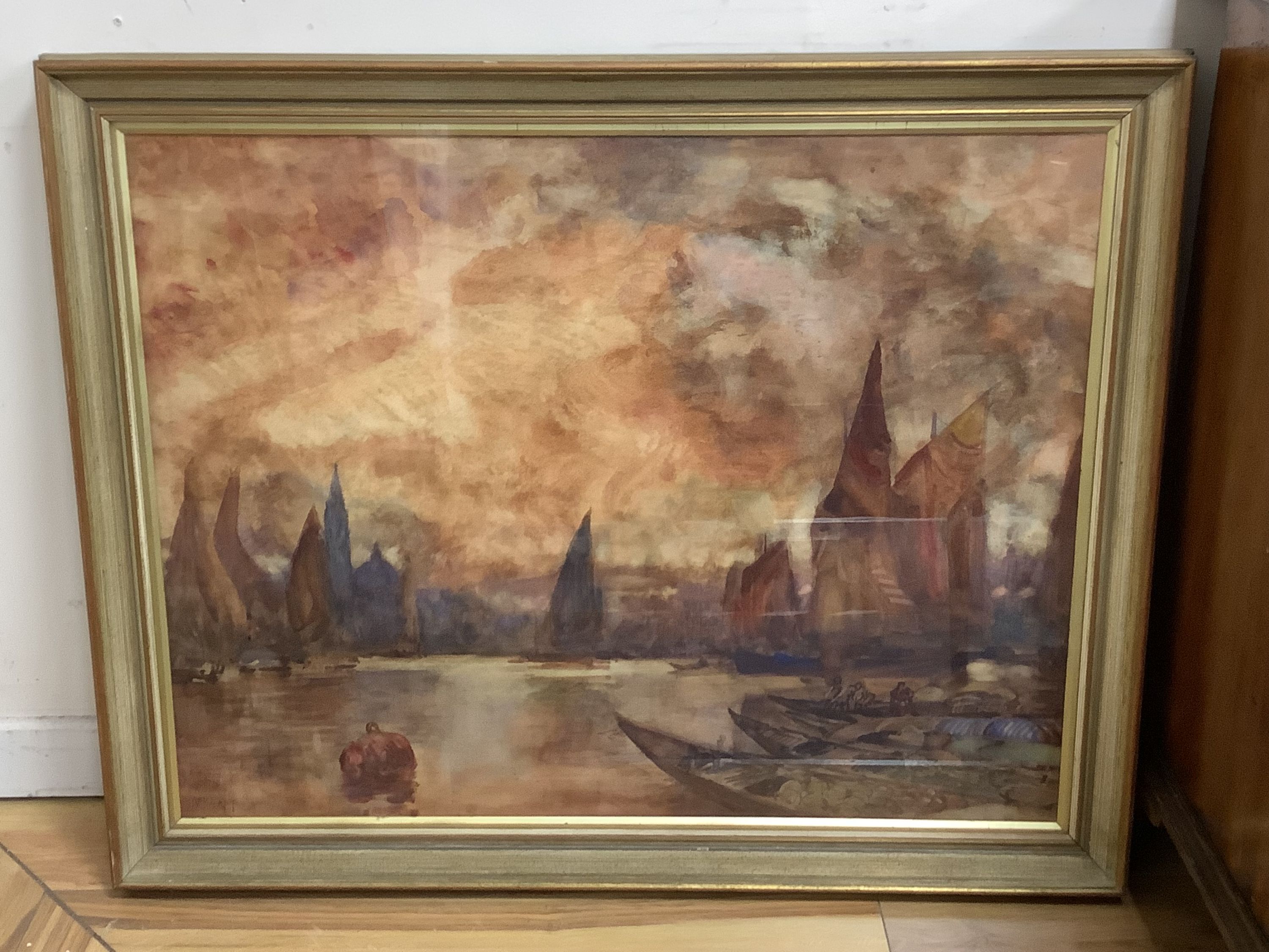 Alfred East, watercolour, View up the Thames, signed, 68 x 88cm